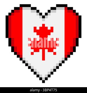 Canadian flag with heart shape in pixel art style Stock Vector