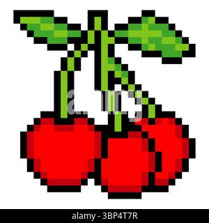 Cherry fruit in pixel art isolated on white background Stock Vector