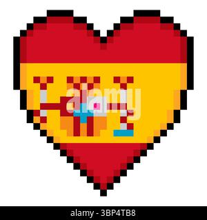 Spanish flag with heart shape in pixel art style Stock Vector