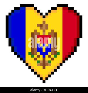 Moldova flag with heart shape in pixel art style Stock Vector