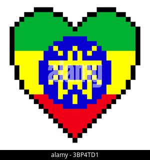 Ethiopian flag with heart shape in pixel art style Stock Vector
