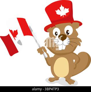 Beaver of Canada with hat and flag isolated icon Stock Vector