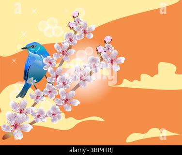 The mountain bluebird is a small migratory thrush is sitting on the blooming cherry. Hello spring poster design. Stock Vector