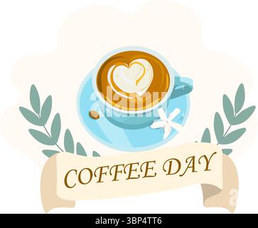 Cup of coffee with coffee bean decoration  and flower. International coffee day. Horizontal banner. Stock Vector