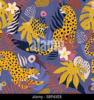 Hand drawn tropical jungle leaves, leopard and various shapes. Abstract contemporary seamless pattern. Modern patchwork illustration in vector Stock Vector