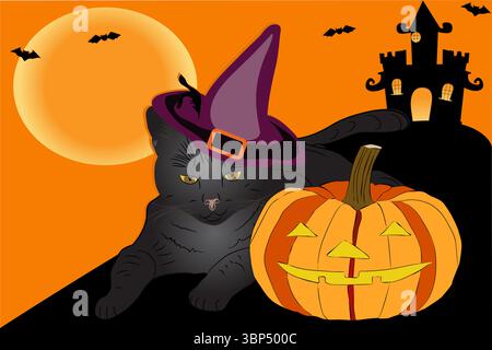 Happy Halloween banner or party invitation background with black cat and pumpkins.Full moon in the sky and flying bats. Stock Vector