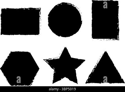Grunge Shape Icons – Black Sketch-Style Geometric Symbols Including Star, Hexagon, and Triangle Stock Vector