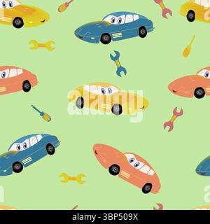 cartoon car, wrench and screwdriver pattern Stock Vector