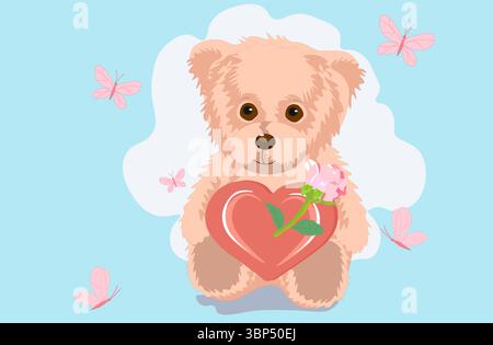 Valentine day teddy bear love heart. Cute Teddy Bear with heart on a blue background Stock Vector