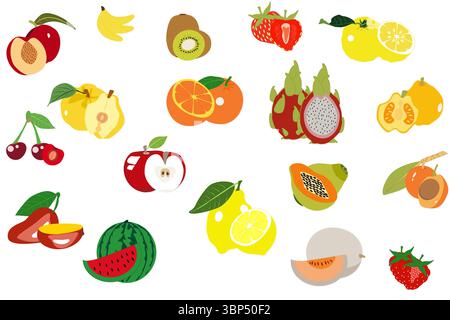 Set of fruit - papaya, orange, nectarine, ugly fruit, watermelon, hog plum,  strawberry, raspberry, quince, mango, lemon, kiwi,  melon, cherry, banana Stock Vector