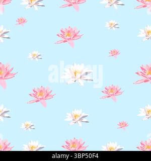 Pink and white water lily light blue pattern Stock Vector