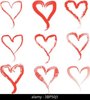 Heart Icon Set – Nine Unique Black Brush-Style Heart Designs Stock Vector