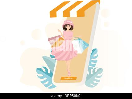 Girl on the mobile phone with shopping. Shopping via smartphone. Online shopping. Stock Vector