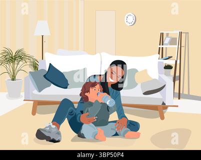 Mother looking to her son while he drinking water from the plastic bottle sitting on the floor at home. Stock Vector