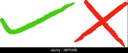 Check Mark and Cross Icons – Green Tick and Red X Symbols for Approval and Disapproval – Grunge Check Mark and Cross Icons Stock Vector