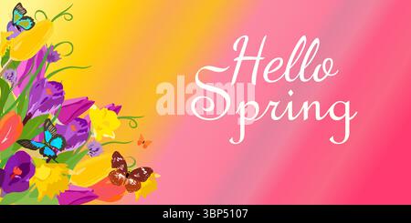 Beautiful nature scene. Spring banner with bright tulips, daffodils, flying butterflies and the words Hello Spring. Stock Vector