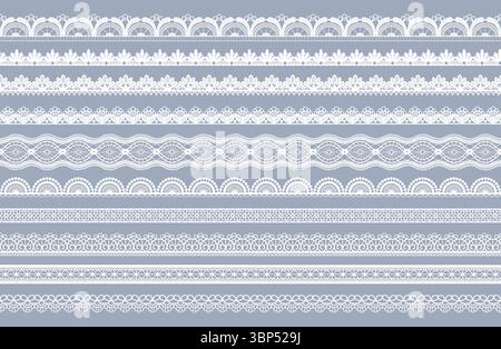 Lace border. Vintage white frame. Wedding pattern stripe or lacy tape. Lacework decoration. Horizontal flower tatting. Geometric jacquard ornament. Embroidery repeat print. Vector seamless ribbons set Stock Vector
