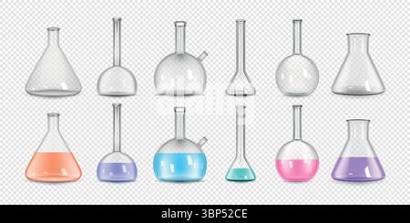 Chemical flask. Laboratory glass jar, experiment lab tube or realistic water beaker, erlenmeyer test bottle. Empty transparent and full of colorful liquid pipette vector 3d equipment isolated elements Stock Vector