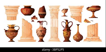 Broken column set. Roman pillar, ancient vase and greek historic objects. Greece old crockery, athens amphora. Artifact urns with characters. Vector traditional collection, museum isolated elements Stock Vector