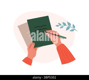 Hands making notes. Human arm holding pen or pencil. Reminder in notebooks. Stationery top view. Woman writing letter and signing postcard. Scrapbooking hobby. Diary memo paper pages. Vector concept Stock Vector