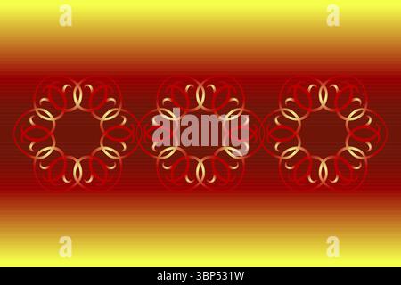 Hot greeting card design with round floral elements in the center. Bright red ethnic ornament. Red golden gradient. Positive energy of the sun. Summer Stock Vector