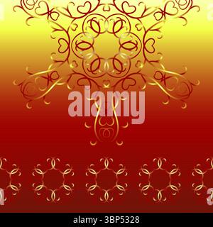 Set of luxury sunny design elements. Bright red ethnic round ornament and seamless border. Ornate fire mandala. Red gold curved intertwined lines. Pos Stock Vector