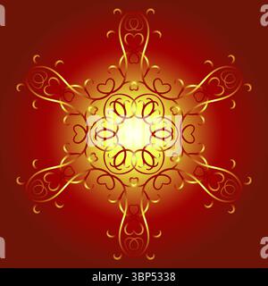 Ornate fire mandala. Red gold curved intertwined lines. Bright red ethnic round ornament. Luxury kaleidoscope design element. Positive energy of the s Stock Vector