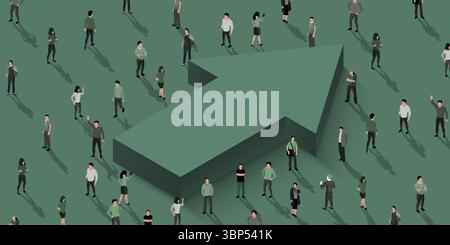 Large group of people standing around growing arrow symbol. Vector illustration Stock Vector