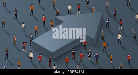 Large group of people standing around growing arrow symbol. Vector illustration Stock Vector