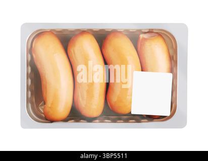 Boiled Sausages in pack, isolated on white background Stock Photo