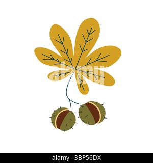 Horse chestnut fruits with yellow leaves on a branch. Stylized vector illustration in flat style. Botanical autumn illustration for autumn decor, pack Stock Vector