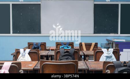 Empty classroom with wooden desks and chairs student backpacks hanging on backs blackboard and whiteboard in front concept of education learning schoo Stock Photo