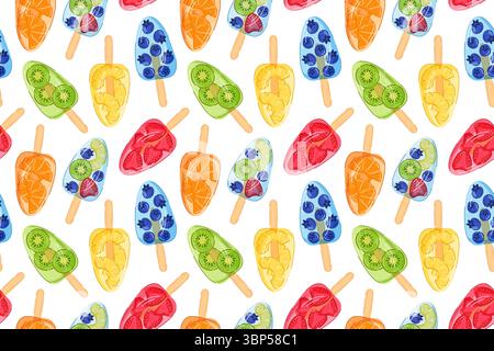 Colorful seamless pattern of fruit popsicle with strawberry, kiwi, blueberry, orange and pineapple isolated on white background. Cartoon style design Stock Vector