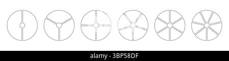 Pie chart templates. Circle divided on 2, 3, 4, 5, 6, 7 equal slices. Graph line art. Wheel diagrams with two, three, four, five, six, seven sectors Stock Vector