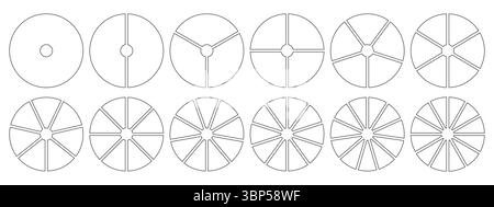 Pie chart templates. Circle divided on 1, 2, 3, 4, 5, 6, 7, 8, 9, 10, 11, 12 equal slices. Wheel diagrams with one, two, three, four, five, six, seven Stock Vector