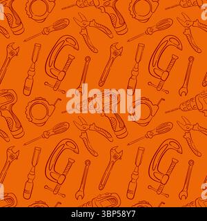 Seamless repair tools pattern in line art style with drill, clamp, pliers, wrench and screwdriver. Perfect for construction repair market and Stock Vector