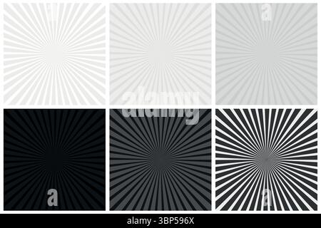 Collection of monochrome abstract explosion striped backgrounds. Vector radial art prints. Black, white and gray patterns with lines. Retro prints Stock Vector