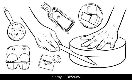 Baking line set. Pastry chef hands cutting biscuit with knife. Ingredients for making biscuit. Black food vector illustration. Stock Vector