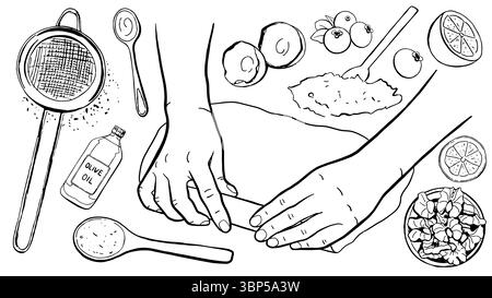 Pastry line set. Chef hands rolling dough into roll. Ingredients for baking. Black food vector illustration. Stock Vector