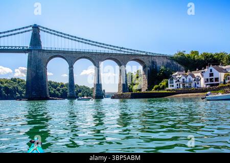 The Telford Suspension Bridge over the Menai Straits, Wales Stock Photo