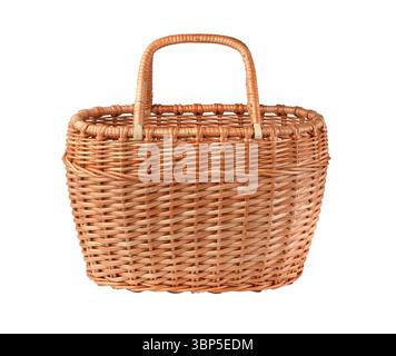 Wooden handmade mushroom basket isolated on white. Stock Photo