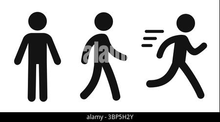 Simple stick figure human icon: standing, walking and running. Black silhouette symbol, vector illustration set. Stock Vector