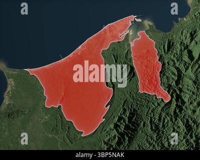 Brunei Darussalam highlighted in red on realistic Earth. Elements of this image furnished by ESA. Stock Photo