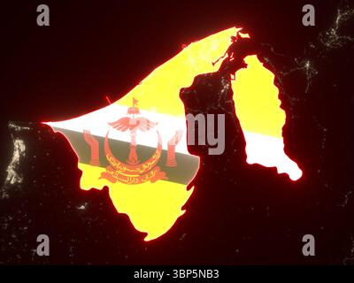 Flag of Brunei Darussalam in shape of the country on night map. Elements of this image furnished by ESA. Stock Photo