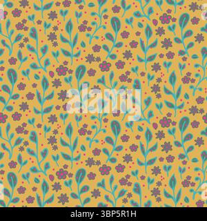 Yellow blue pink cute seamless ditsy wild flowers pattern. Vintage boho chic jewel tone floral background. All over floral colorful daisy. Bohemian Stock Vector