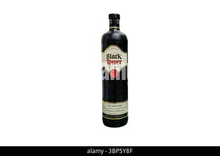Vintage 1996 Black Tower Rivaner wine bottle, German white wine in signature dark glass, produced by Reh Kendermann, classic collectible. Stock Photo