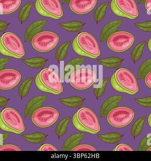 Seamless Pattern Pink Guava Fruit on purple Background with leaves. Vector illustration Stock Vector