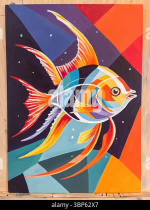 Vibrant fish illustration features bold colors and geometric patterns, creating an engaging visual experience that captures the essence of aquatic lif Stock Photo