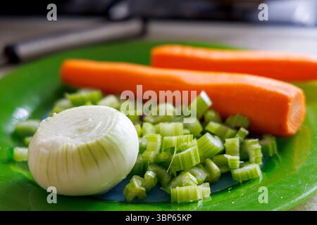 Fresh vegetables are displayed on a green plate, including two peeled carrots, chopped celery stalks, and half an onion. Stock Photo