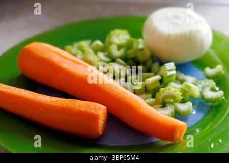 The green plate displays fresh vegetables, including half a peeled onion, chopped celery stalks, and two whole carrots. Stock Photo